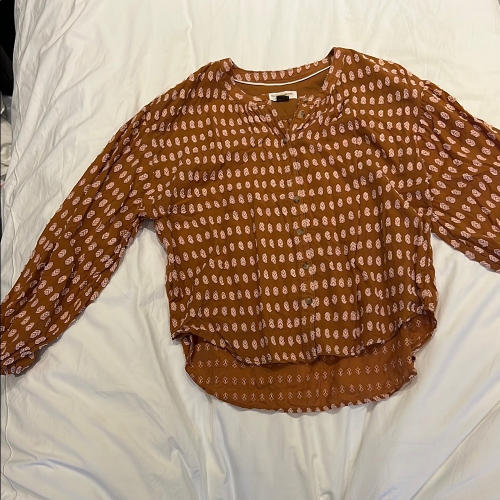 Anthropologie Smocked Blouse Brown Cream Print Size Small Boho Top